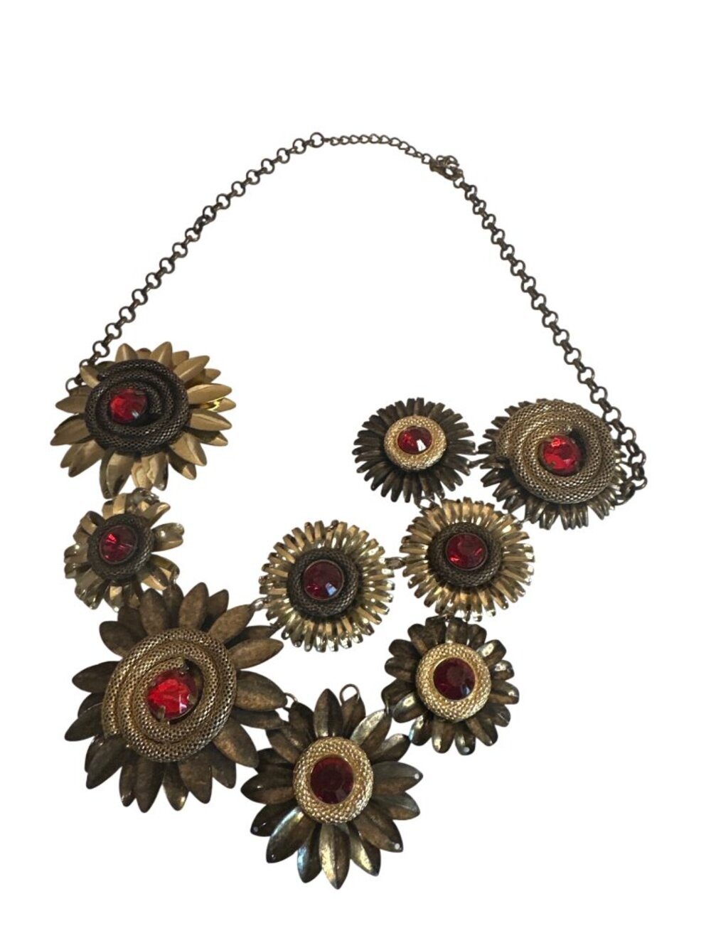 Vintage Gold-Tone Sunflower Statement Necklace Red Gemstones Exaggerated 60s